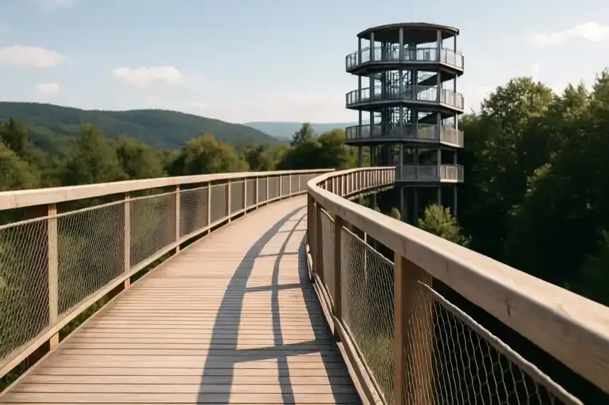 Baumwipfelpfad Bad Harzburg mit Aussichtsturm im Harz als Symbolbild für geplante Wipfelerlebniswelt und neuen Abenteuerspielplatz.
