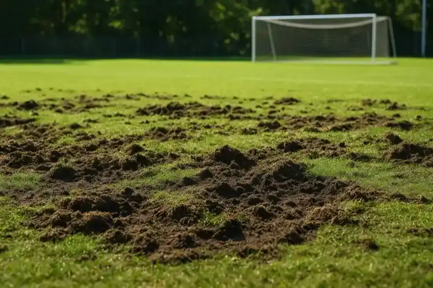 Symbolbild zerstörter Fußballplatz im Harz – durch Wildschweine aufgewühlter Rasen mit sichtbaren Schäden vor einem Tor.