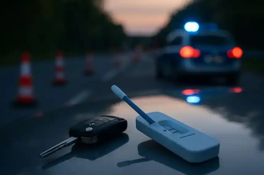 Drogenschnelltest und Autoschlüssel auf Motorhaube bei Polizei-Verkehrskontrolle; Foto zu Drogen am Steuer in Sachsen-Anhalt.