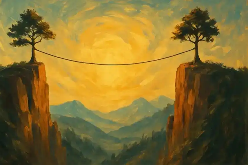 Zwei Berge mit je einem Baum, verbunden durch ein Seil – künstlerische Darstellung einer Highline über dem Okertal.