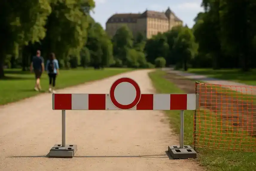 Schlosspark Blankenburg Harz mit gesperrtem Weg und Absperrung vor historischem Schloss im Hintergrund.