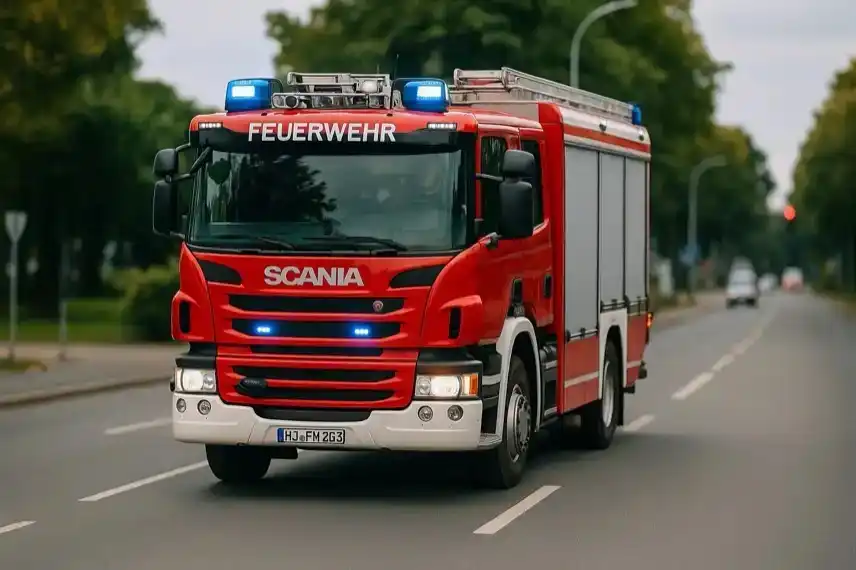 Feuerwehrautos mit Blaulicht auf der Straße im Harz, stellvertretend für Brandeinsätze in der Region.