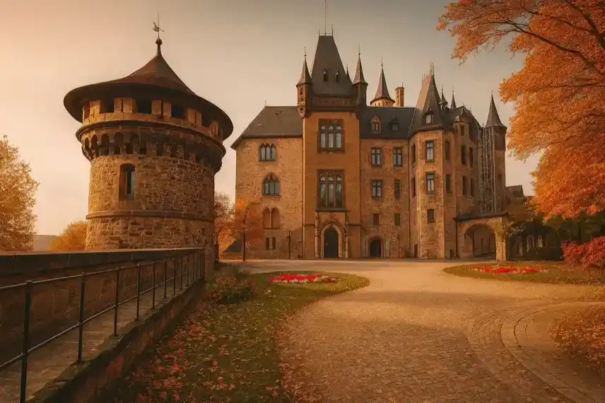 Schloss Wernigerode im Harz mit Baugerüst und Kran während der Sanierung, Symbolbild für laufende Bauarbeiten am Wahrzeichen.
