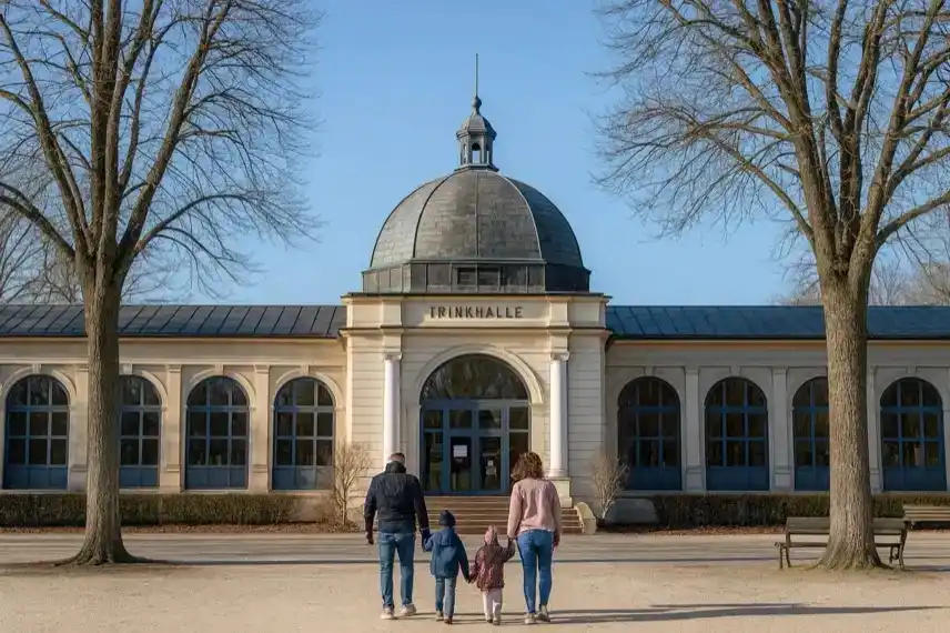 Kurpark Bad Harzburg mit Wandelhalle und herbstlicher Eiche, fotorealistisch, herbstliche Märchenzeit im Harz.