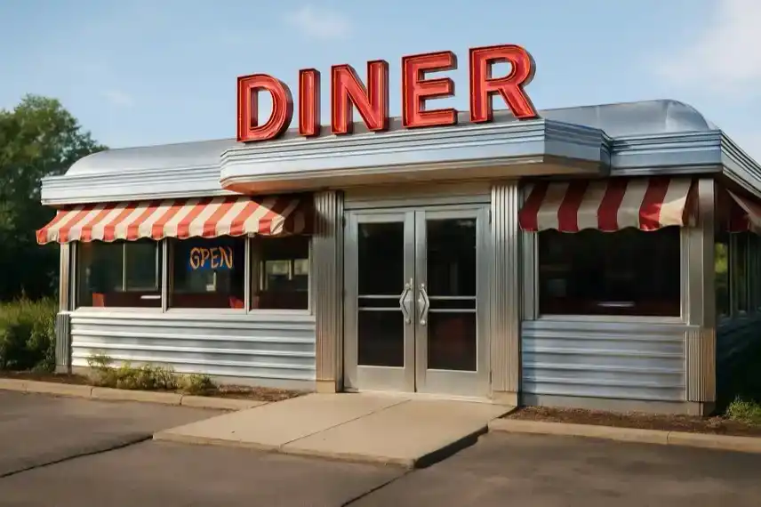 Fotorealistisches Symbolbild eines American Diners im 50er-Jahre-Stil in Wernigerode im Harz, stellvertretend für den Fall um Frank Rosin.