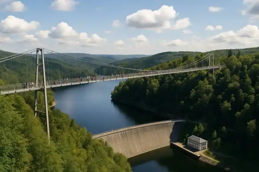 Fotorealistisches Symbolbild der Rappbodetalsperre im Harz mit Hängebrücke, umgeben von Wald und Stausee, als Darstellung für geplante neue Attraktion.