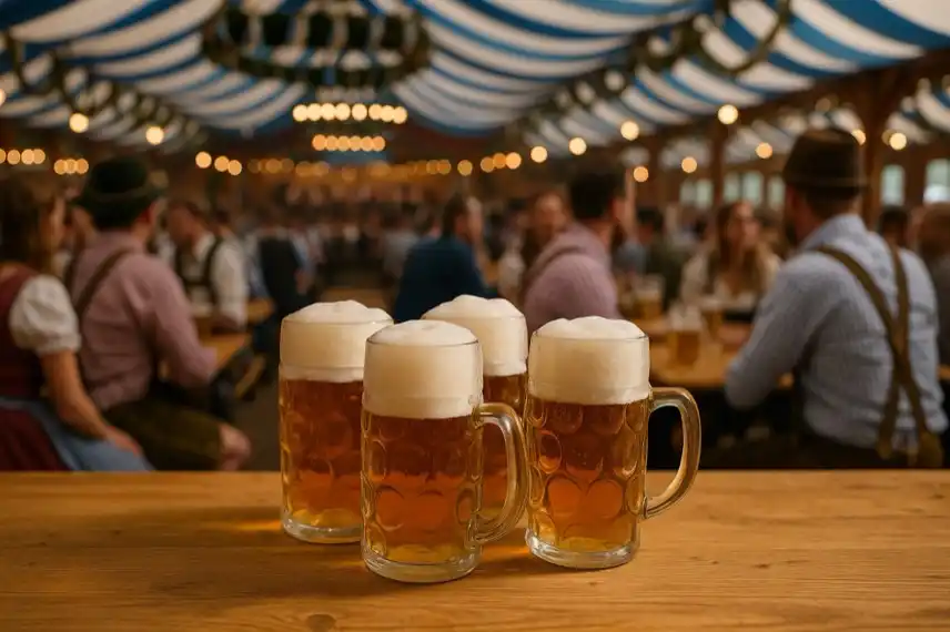 Oktoberfest im Harz 2025 – Symbolbild mit Bierkrügen im Festzelt, Trachtenstimmung und Wiesn-Atmosphäre für Artikel über Feste in Wernigerode, Quedlinburg und Bad Lauterberg.