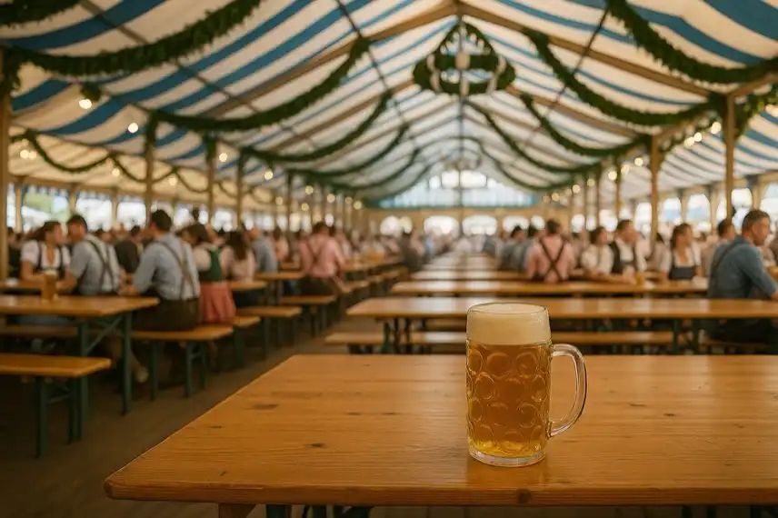 Oktoberfest 2025 Braunlage im Harz – Symbolbild eines Bierzelts mit Maßkrug auf Holztisch, festliche Stimmung und Wiesn-Atmosphäre.