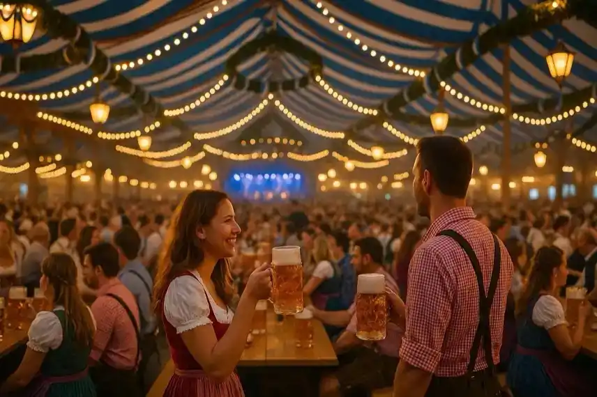 Symbolbild Quedlinburger Wiesn 2025 im Harz – Oktoberfest-Zelt mit Tracht, Bierkrügen und Feieratmosphäre, festlich beleuchtet.