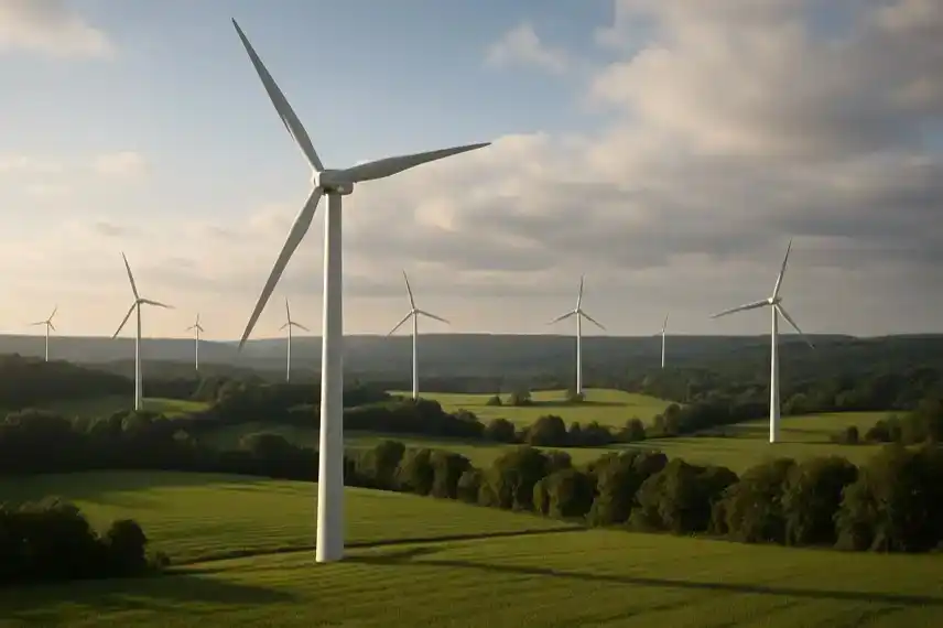 Windräder in einer hügeligen Landschaft im Harz als Symbolbild für die Windparkstrategie, fotorealistisch nachgestellt.