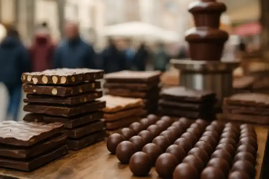 Schokolade und Pralinen auf einem Holztisch, aufgenommen als illustrative Darstellung für das Schokoladenfest in Wernigerode im Harz.