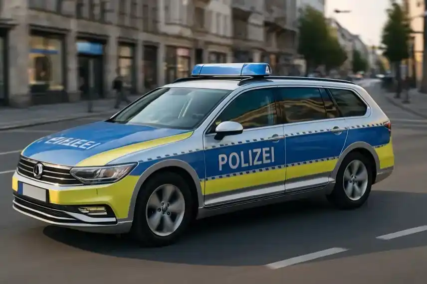 Polizeiauto in der Stadt im Harz, fotorealistische Darstellung als nachgestellte Szene zum Fahrzeugbrand in Halberstadt.