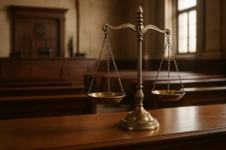 Gerichtssaal mit goldener Gerechtigkeitswaage als Zeichen für Recht, Justiz und Fairness.