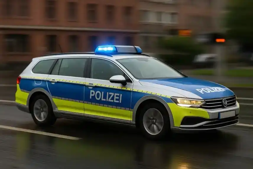 Deutsches Polizeiauto mit Blaulicht auf einer Straße, Einsatzfahrzeug im Fokus, Ermittlungen nach Brand im Harz.