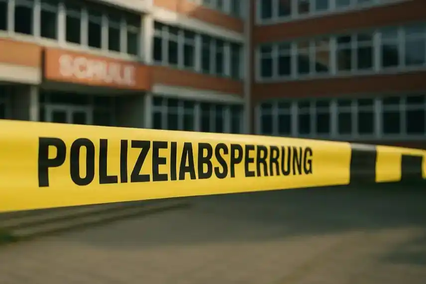 Gelbes Polizeiband „Polizeiabsperrung“ vor einer Schule, stellvertretend für den Bombenalarm in Goslar, der sich als Schülerstreich herausstellte.