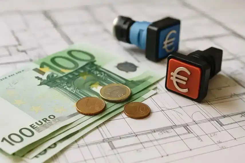 Sondervermögen Halberstadt – Euro-Geldscheine und Baupläne als Darstellung geplanter Investitionen im Harz.