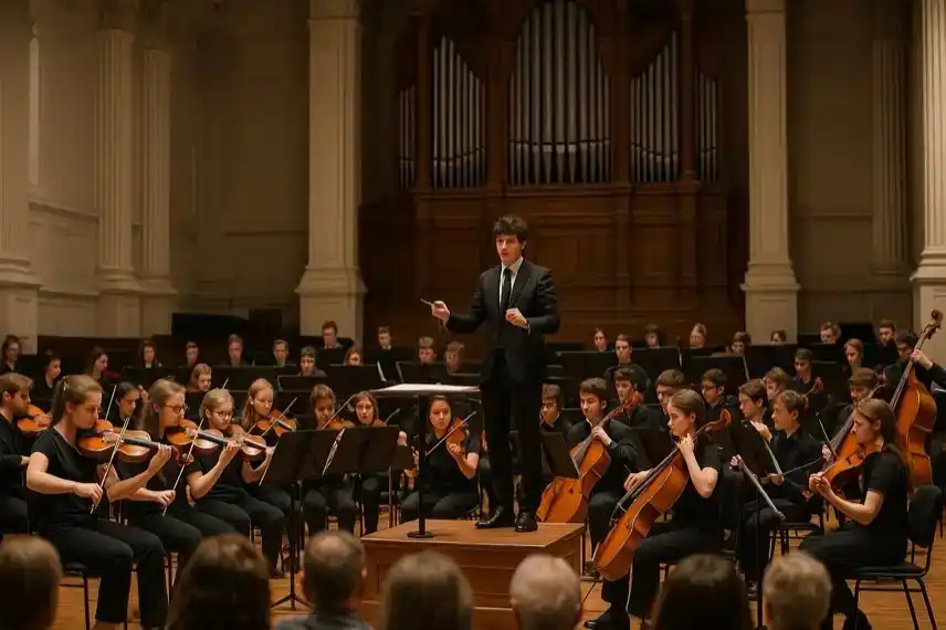 Junge Musikerinnen und Musiker spielen in einem Orchester vor Publikum in einem historischen Konzertsaal beim Jugendmusikfest Sachsen-Anhalt.