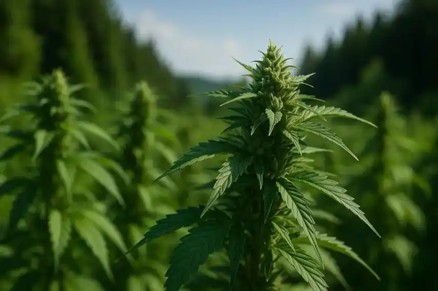 Hanfpflanze im Harz, zentrale Blüte mit Tiefenschärfe, outdoor aufgenommen als illustrative Nachstellung.
