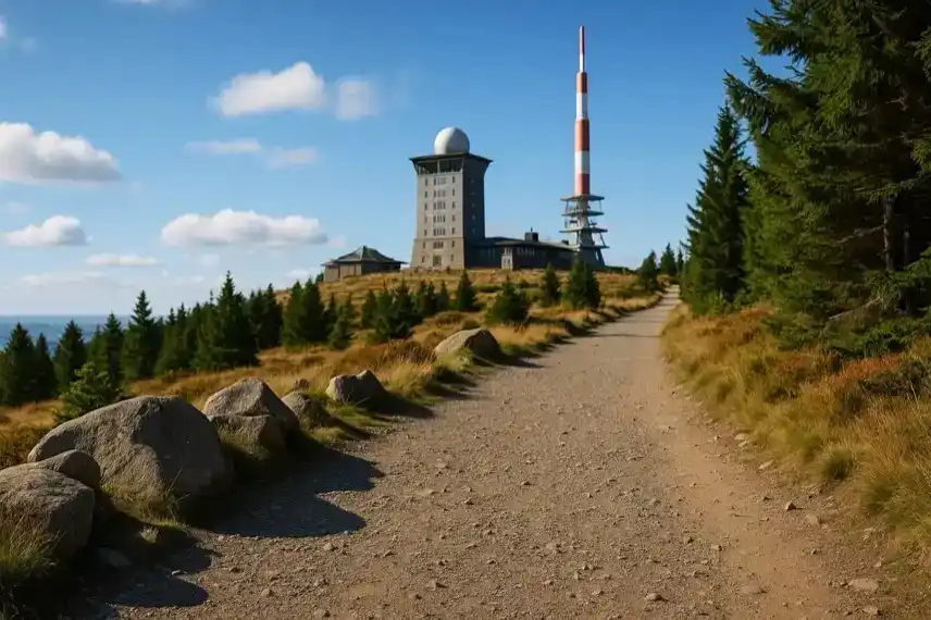 Brocken-Wanderung im Harz zum 35. Jahrestag der Deutschen Einheit – Symbolbild mit Weg, Sendeturm und Gipfelstation.