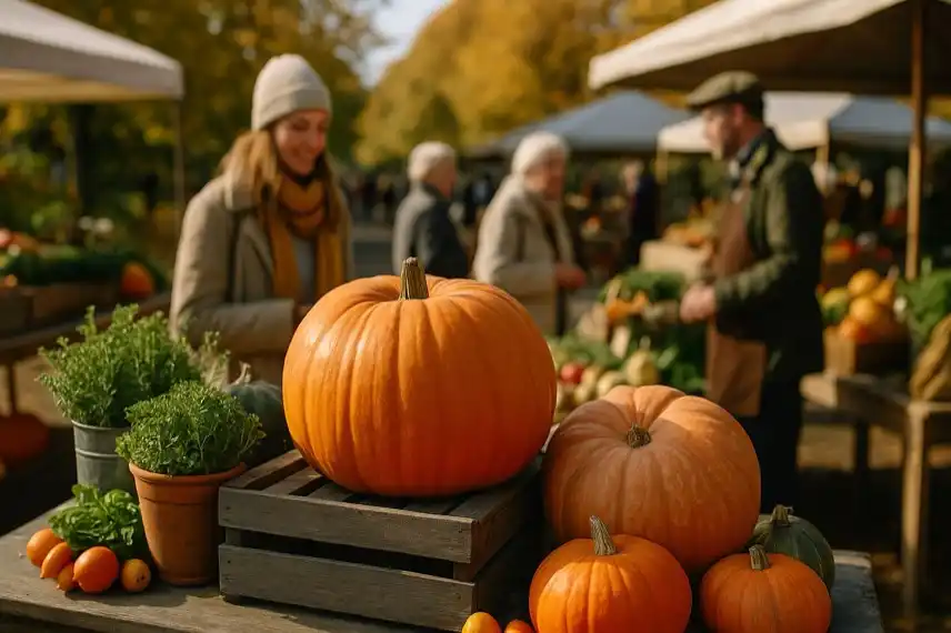 Regionaltag Wernigerode – Kürbisse und Kräuter auf herbstlichem Marktstand im Harz, Symbolfoto für Genuss und Tradition.