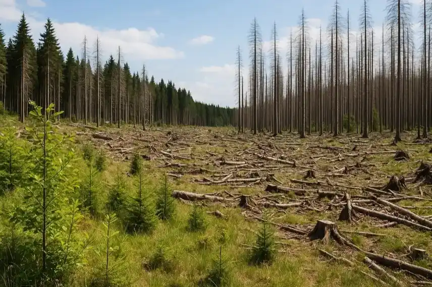 abgestorbener Fichten im Harz mit jungen Bäumen im Vordergrund, zeigt Waldwandel durch Klimawandel und nachhaltige Wiederbewaldung.