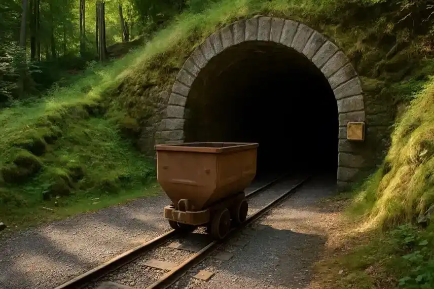 Bergwerkstunnels im Harz mit stillgelegter Lore, als Darstellung geplanter Pumpspeicher-Kraftwerke zur Energiespeicherung.