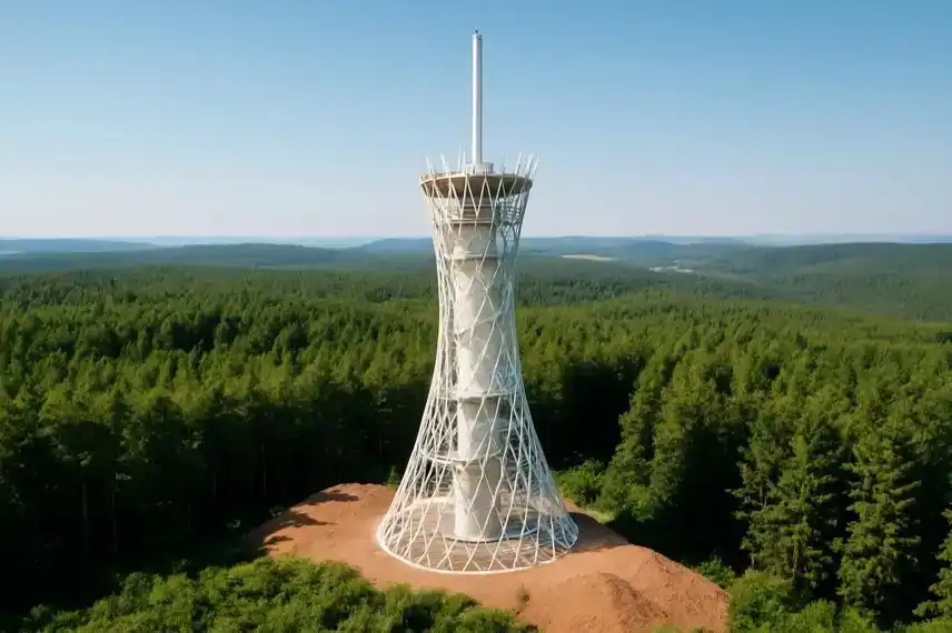 weltgrößten Hexenbesen-Turms in der HEX Erlebniswelt im Harz mit Besuchern und Waldumgebung.
