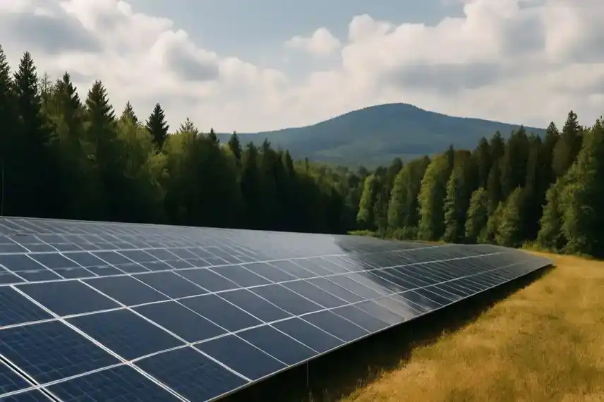 Solaranlage am Waldrand im Harz, als Darstellung für erneuerbare Energien und Klimaschutzprojekte der Region.