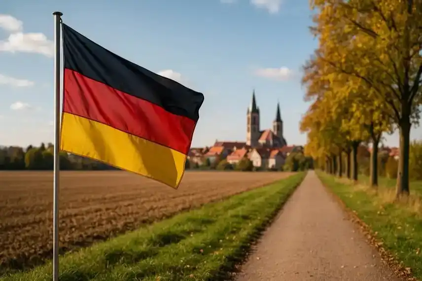 Deutsche Fahne im Herbst vor Halberstadt im Harz – Symbolbild zum Jubiläum 35 Jahre Deutsche Einheit mit Fokus auf Erinnerung und Kultur.