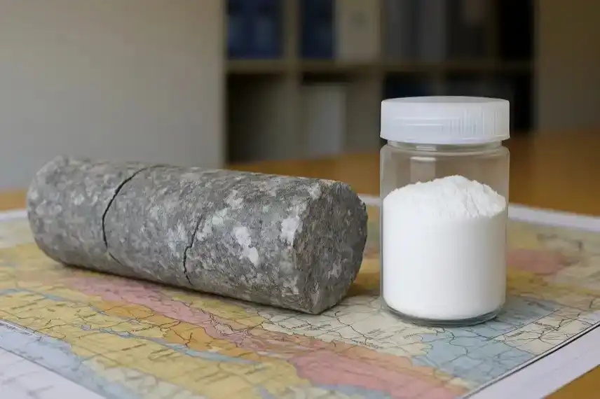 Lithiumvorkommen Sachsen-Anhalt: Gesteinskern und Glas Lithiumcarbonat auf geologischer Karte als Illustration zur Lithiumförderung.