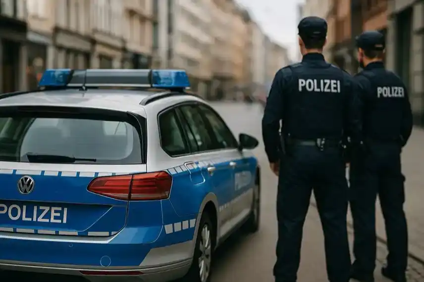 Zwei Polizisten von hinten neben einem deutschen Polizeiauto in einer Innenstadt – Nachstellung zum Thema Schleusernetzwerk und Polizeieinsatz.