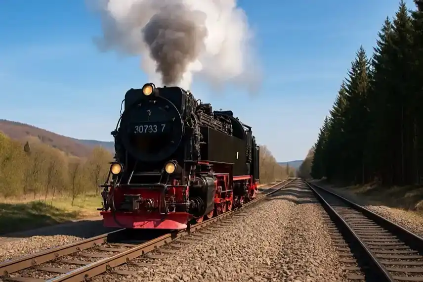Dampflok im Harz auf offener Strecke, aufgenommen im 16:9-Format mit professioneller Tiefenschärfe.