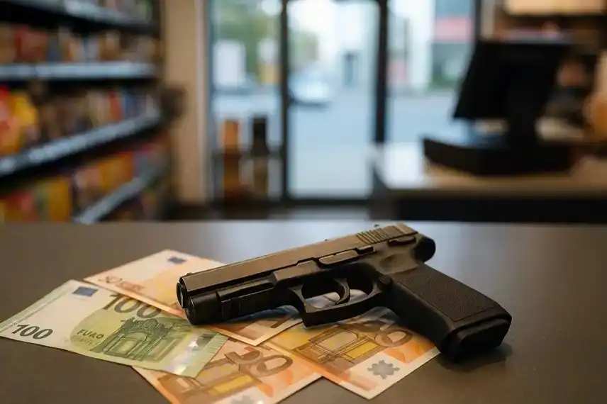 schwarze Pistole auf Euro-Geldscheinen in einem Shop, stellvertretend für den bewaffneten Überfall auf einen Autohof bei Brumby.