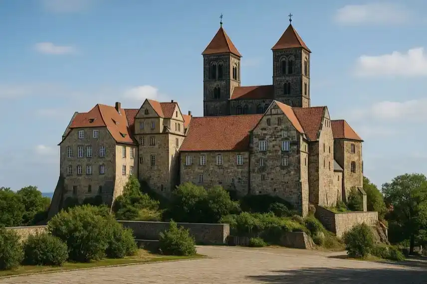 Schlossbergs in Quedlinburg mit Kirche und roten Dächern, UNESCO-Welterbe und Standort des neuen Museums im Harz.
