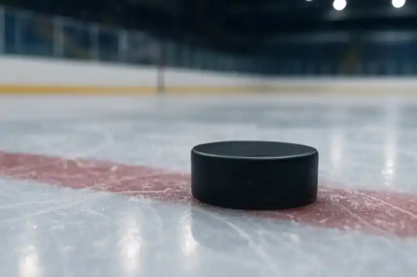 Eishockey-Puck auf dem Eis als Symbolbild für das Testspiel Eagles Essen-West gegen Harzer Falken, fotorealistisch dargestellt.