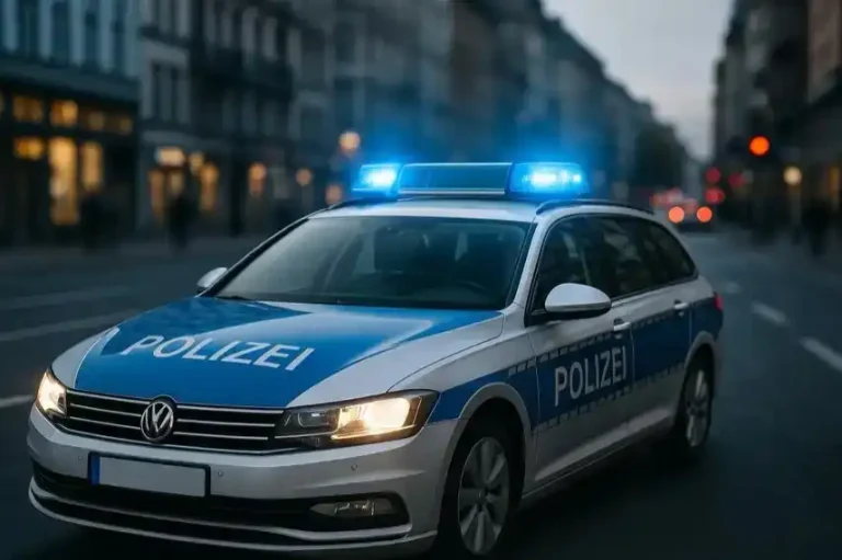 Deutsches Polizeiauto mit Blaulicht fährt durch eine Stadt als Hinweis auf Fahrerflucht in Braunlage im Harz.