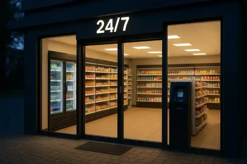 24/7-Supermarkt im Harz, Außenansicht mit Regalen und Waren, nachgestellte Darstellung für Newsartikel.