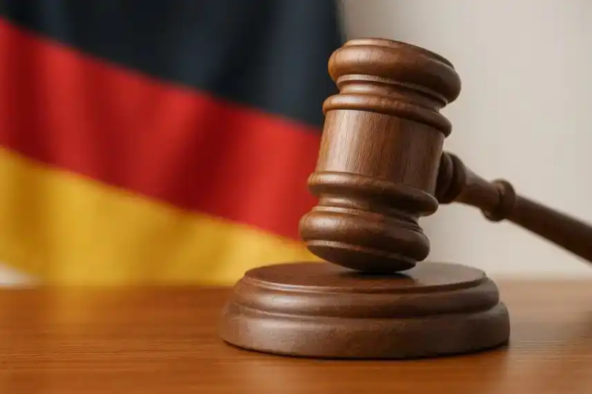 AfD-Veranstaltung Seesen im Harz – neutrale Darstellung eines Richterhammers vor Deutschlandflagge, Sinnbild für Politik und Diskussion.
