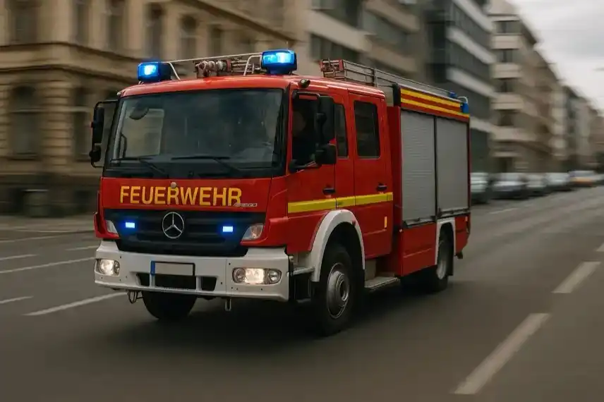 Deutsches Feuerwehrauto mit Blaulicht fährt durch eine Stadt, als Darstellung des Einsatzes beim Brand in Muldestausee.