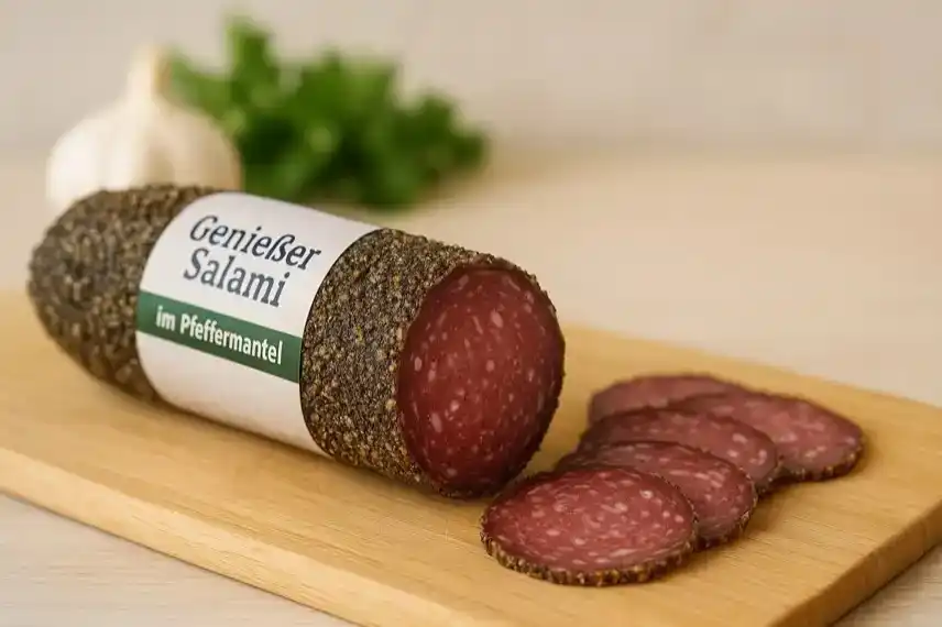 Salami auf Holzbrett als Symbolbild zum Rewe-Rückruf im Harz, fotorealistisch nachgestellt, Nahaufnahme mit Tiefenschärfe.