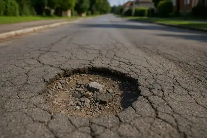 Straße mit großem Schlagloch und Rissen im Asphalt als Symbolbild für Straßensanierung und Abschaffung der Straßenausbaugebühren in Bad Lauterberg im Harz.