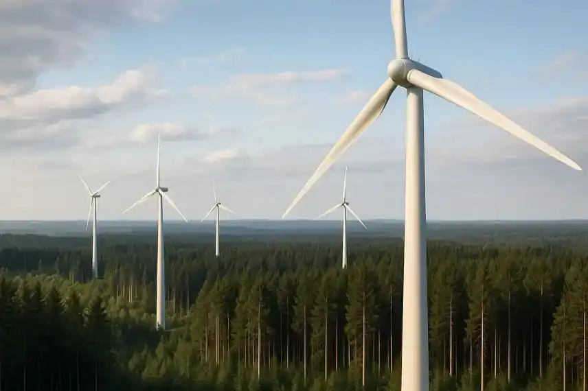 Windrädern über einem Wald, stellvertretend für den Bürgerentscheid in Gardelegen über Windkraft im Harz.
