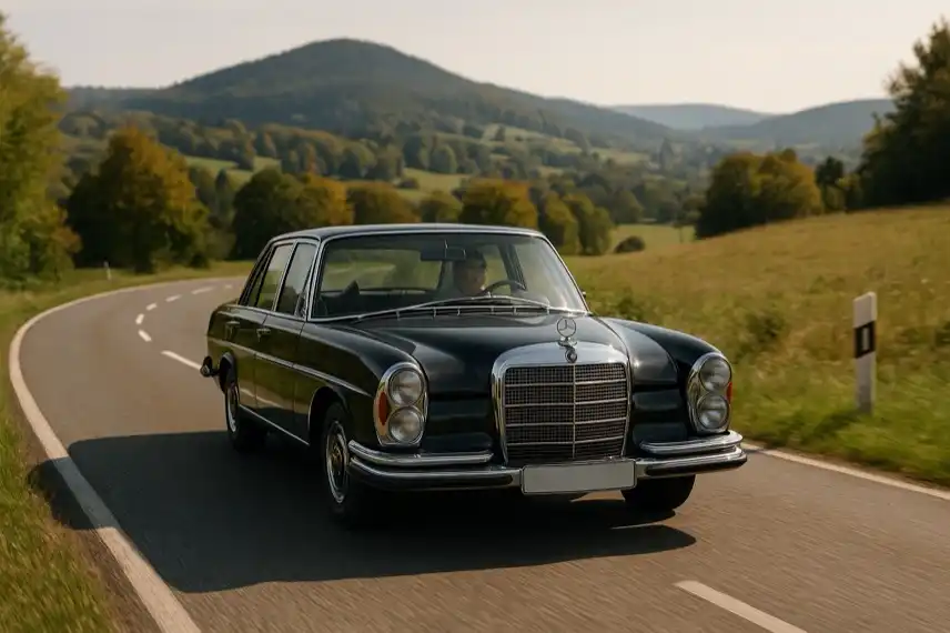 Fotorealistisches Symbolbild eines Oldtimers auf einer kurvigen Landstraße im Harz mit grüner Landschaft und Hügeln im Hintergrund.