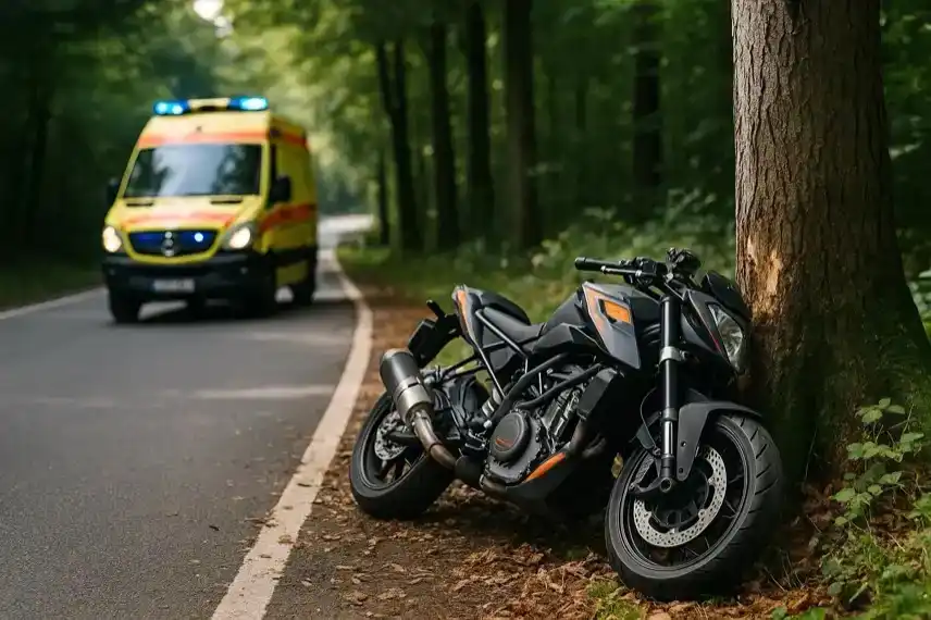 Motorradunfall im Harz – gestürztes Motorrad an Baum mit Rettungswagen im Hintergrund, fotorealistische Darstellung zur Illustration eines Newsartikels.