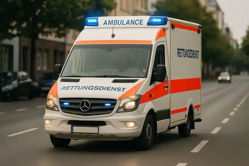Krankenwagen mit Blaulicht fährt über eine Landstraße im Harz, Darstellung eines Rettungseinsatzes nach Verkehrsunfall.