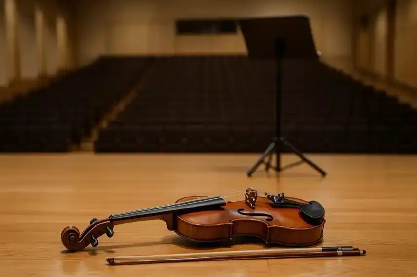 Violine auf Bühne in leerem Konzertsaal, Symbolbild für Harz-ClassixFestival 2025 in Clausthal, kulturelles Highlight im Harz.
