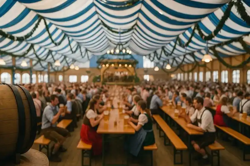 Oktoberfest Harz: Großes Festzelt mit langen Holztischen, Gästen in Tracht und bayerischer Dekoration, aufgenommen in fotorealistischem Stil.