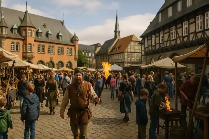 Bild eines mittelalterlichen Marktes in der Altstadt von Goslar im Harz mit Fachwerkhäusern und Marktständen.
