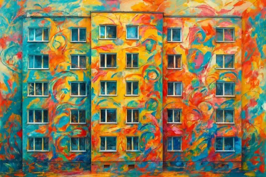 Bunte, künstlerisch gestaltete Plattenbaufassade als Symbolbild für Street-Art im Harz, inspiriert von Alessio-B. und GWW-Projekten in Wernigerode.