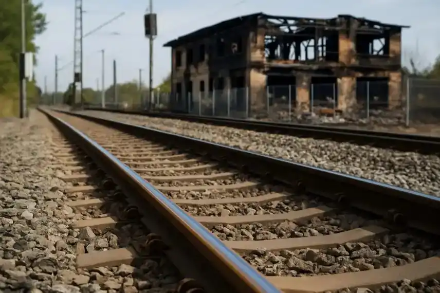 Fotorealistisches Bild einer Bahnstrecke mit verkohltem Stellwerk bei Biederitz nach Brand, Darstellung als Nachstellung für Newsartikel.